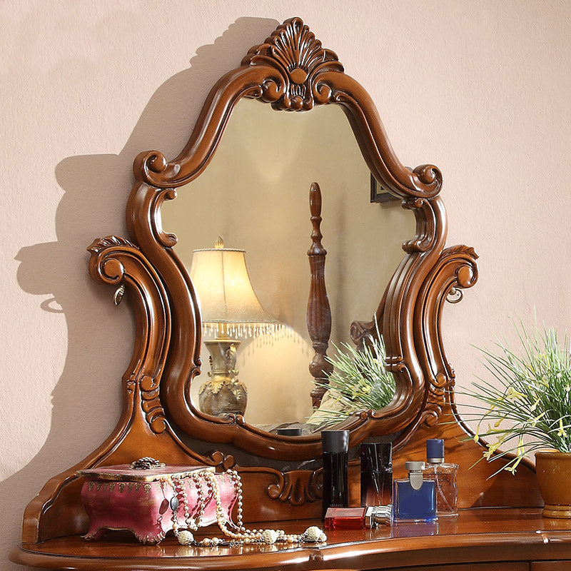 Traditional Solid Wood Brown Bedroom Mirror With Drawer Makeup Vanity Set
