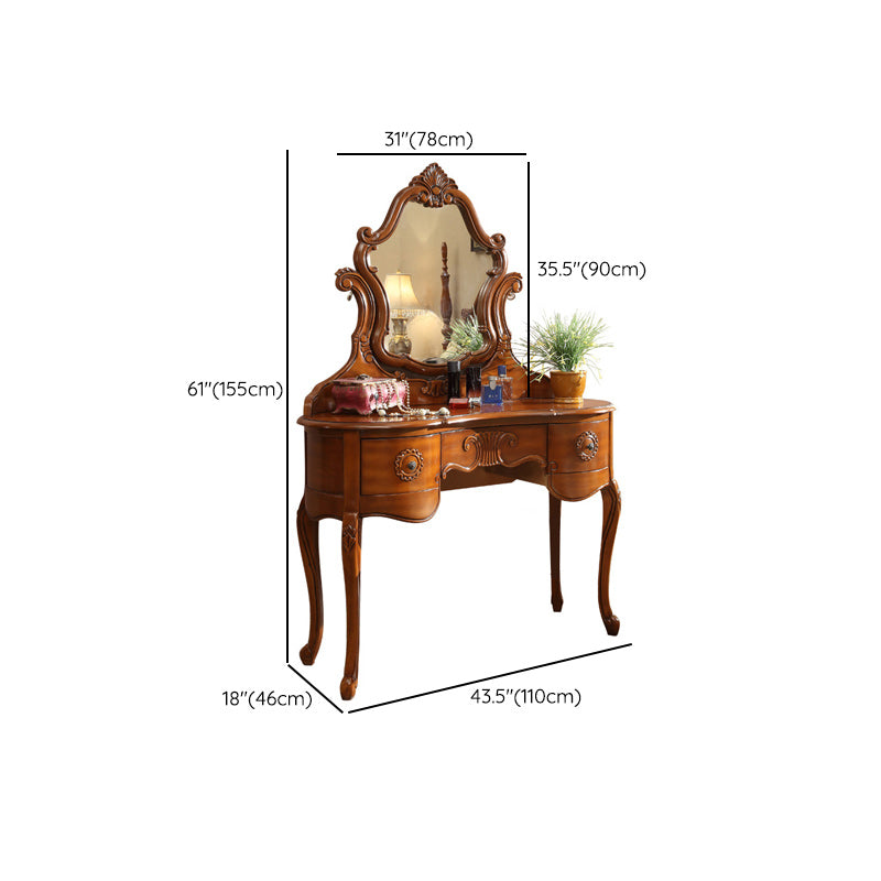 Traditional Solid Wood Brown Bedroom Mirror With Drawer Makeup Vanity Set
