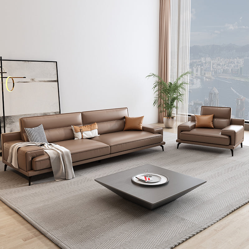 モダン縫製枕バッククッションソファ茶色の本物の革の正方形の腕ソファ