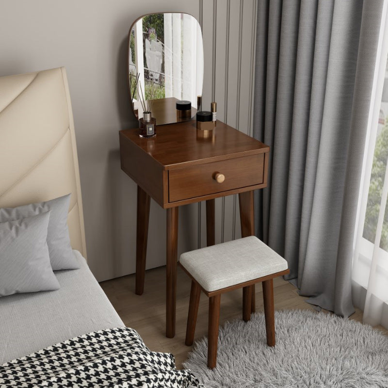 Scandinavian Solid Wood Vanity Dressing Table with Mirror and Stool