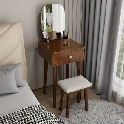 Scandinavian Solid Wood Vanity Dressing Table with Mirror and Stool