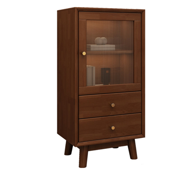 Mid Century Solid Wood 1-Door Cabinet Glass Paned Side Cabinet with 2-Drawer 19"L x 14"W x 37"H Walnut Glass Clearhalo 'Cabinets & Chests' 'cabinets_chests' 'furn' 'furn_cabinets_chests' 'Furniture' 'Living Room Furniture' 6906998
