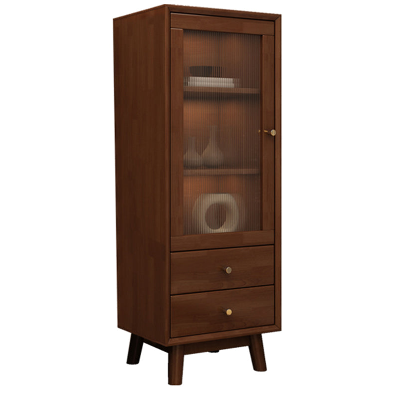 Mid Century Solid Wood 1-Door Cabinet Glass Paned Side Cabinet with 2-Drawer 19"L x 14"W x 46"H Walnut Glass Clearhalo 'Cabinets & Chests' 'cabinets_chests' 'furn' 'furn_cabinets_chests' 'Furniture' 'Living Room Furniture' 6907000