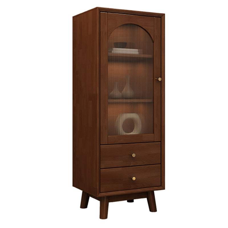 Mid Century Solid Wood 1-Door Cabinet Glass Paned Side Cabinet with 2-Drawer 19"L x 14"W x 47"H Walnut Glass Clearhalo 'Cabinets & Chests' 'cabinets_chests' 'furn' 'furn_cabinets_chests' 'Furniture' 'Living Room Furniture' 6907003