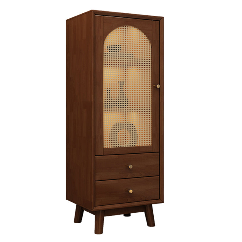 Mid Century Solid Wood 1-Door Cabinet Glass Paned Side Cabinet with 2-Drawer 19"L x 14"W x 47"H Walnut Wicker & Rattan Clearhalo 'Cabinets & Chests' 'cabinets_chests' 'furn' 'furn_cabinets_chests' 'Furniture' 'Living Room Furniture' 6907007