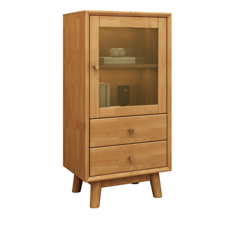 Mid Century Solid Wood 1-Door Cabinet Glass Paned Side Cabinet with 2-Drawer 19"L x 14"W x 37"H Natural Glass Clearhalo 'Cabinets & Chests' 'cabinets_chests' 'furn' 'furn_cabinets_chests' 'Furniture' 'Living Room Furniture' 6907014