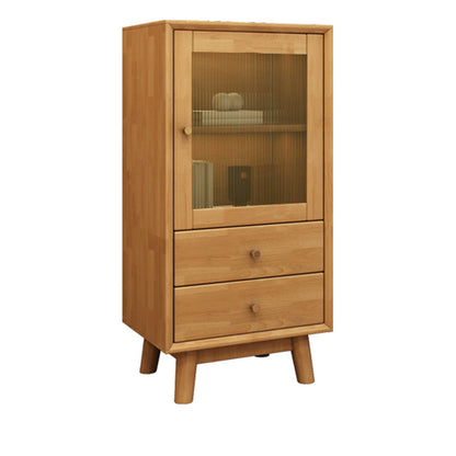 Mid Century Solid Wood 1-Door Cabinet Glass Paned Side Cabinet with 2-Drawer 19"L x 14"W x 37"H Natural Glass Clearhalo 'Cabinets & Chests' 'cabinets_chests' 'furn' 'furn_cabinets_chests' 'Furniture' 'Living Room Furniture' 6907014