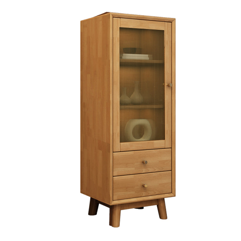 Mid Century Solid Wood 1-Door Cabinet Glass Paned Side Cabinet with 2-Drawer 19"L x 14"W x 46"H Natural Glass Clearhalo 'Cabinets & Chests' 'cabinets_chests' 'furn' 'furn_cabinets_chests' 'Furniture' 'Living Room Furniture' 6907015