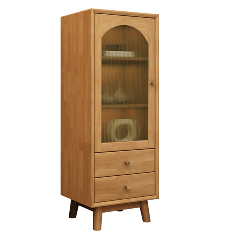 Mid Century Solid Wood 1-Door Cabinet Glass Paned Side Cabinet with 2-Drawer 19"L x 14"W x 47"H Natural Glass Clearhalo 'Cabinets & Chests' 'cabinets_chests' 'furn' 'furn_cabinets_chests' 'Furniture' 'Living Room Furniture' 6907018
