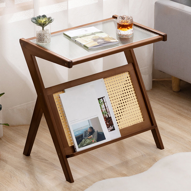 Asian Style Accent Side Table Wood and Glass with Storage and Shelf Corner Table 22"L x 15"W x 22"H Tan 1 Clearhalo 'Coffee & Accent Tables' 'End & Side Tables' 'end_side_tables' 'furn' 'furn_end_side_tables' 'Furniture' 'Living Room Furniture' 6907306