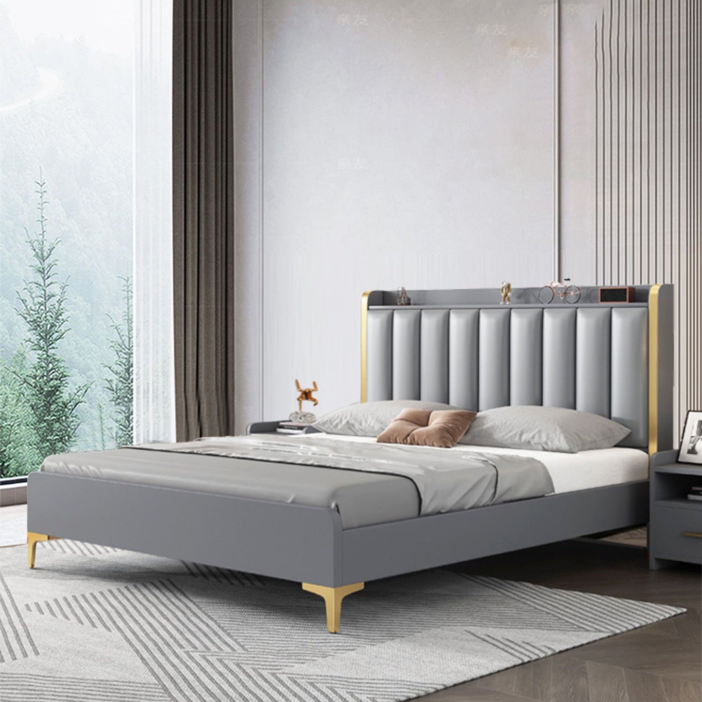 Modern Solid Wood Standard Bed Headboard Bed Frame with Golden Legs