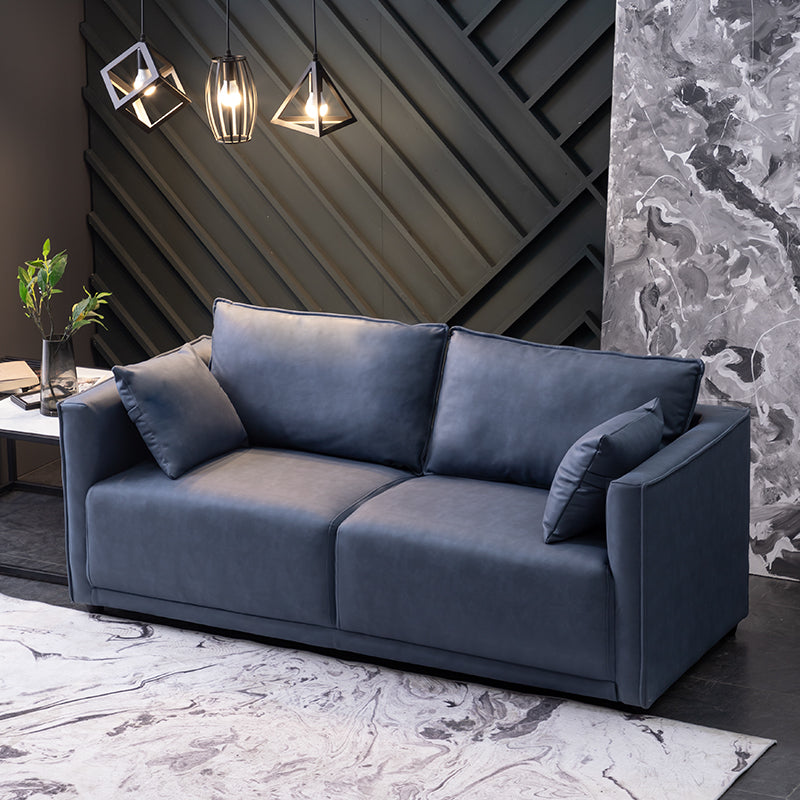 Contemporary Sofa with 2 Pillows Square Arm Living Room Settee Blue Tech Cloth Clearhalo 'furn' 'furn_sofas' 'Furniture' 'Living Room Furniture' 'Sofa' 'sofas' 6907622