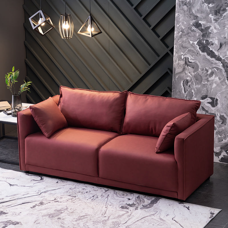 Contemporary Sofa with 2 Pillows Square Arm Living Room Settee Dark Red Tech Cloth Clearhalo 'furn' 'furn_sofas' 'Furniture' 'Living Room Furniture' 'Sofa' 'sofas' 6907627