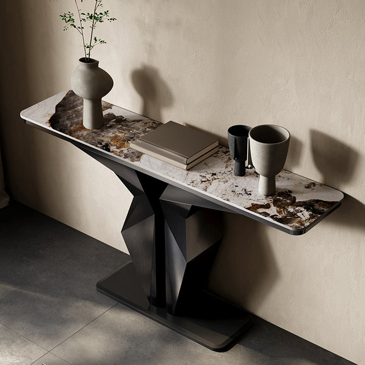Mesa de consola rectangular de piedra Glam 13.78 "Mesa de acento de ancho con base abstracta