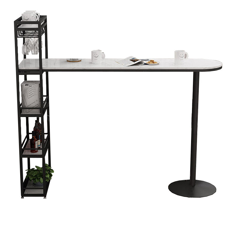 Mesa de bar de bistró de mármol sintético, mesa de bar con base metálica rectangular y estantes