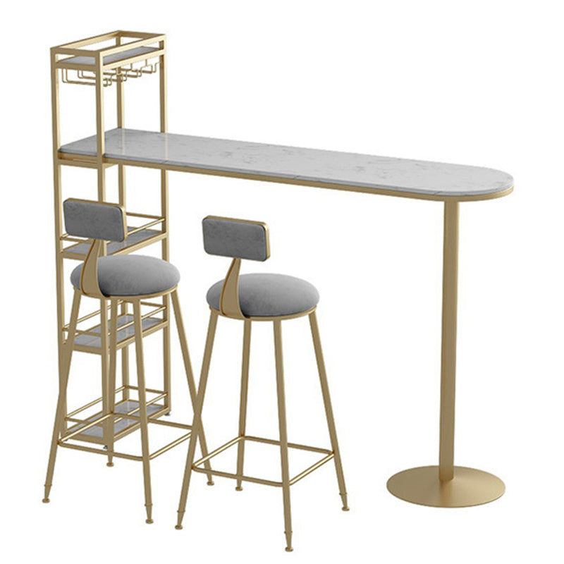 Mesa de bar de bistró de mármol sintético, mesa de bar con base metálica rectangular y estantes