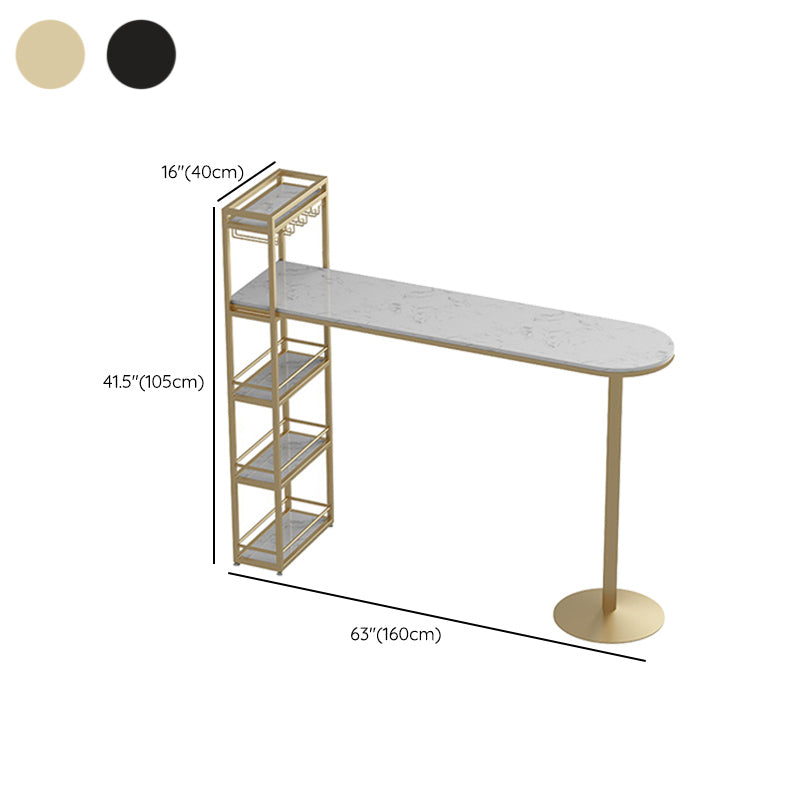 Mesa de bar de bistró de mármol sintético, mesa de bar con base metálica rectangular y estantes