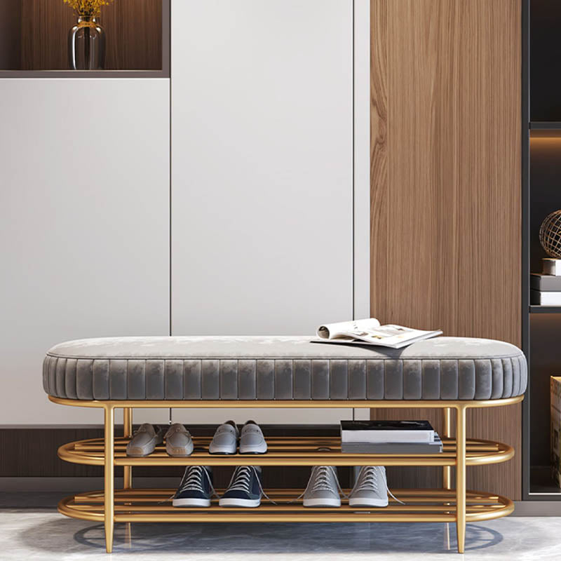 Banco de asiento de metal acolchado de entrada glamoroso con estantes, de 12.5 pulgadas de ancho