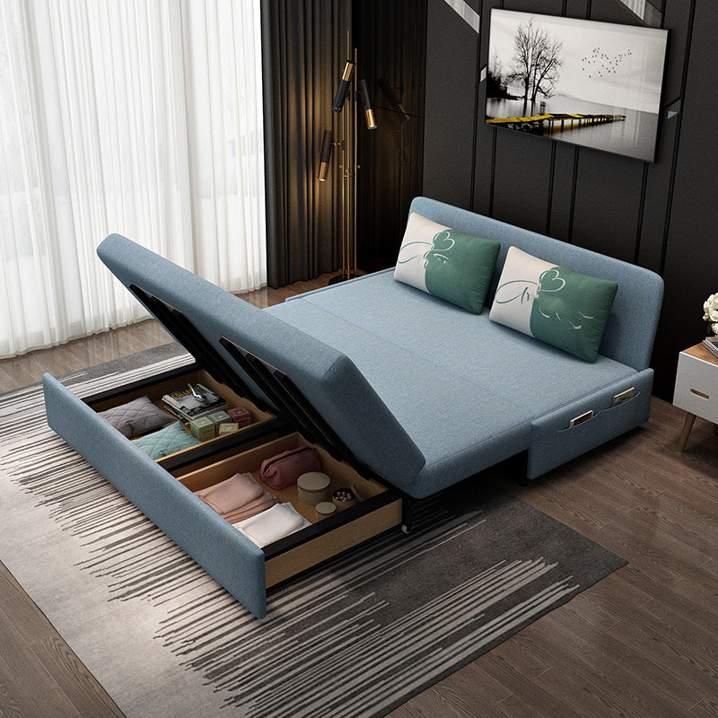 Blue Futon Sleeper Sofa Bed Fabric Armless With Black Metal Base Storage Included Clearhalo 'furn' 'furn_futons' 'Furniture' 'Futons & Daybeds' 'Futons' 'Living Room Furniture' 6918334