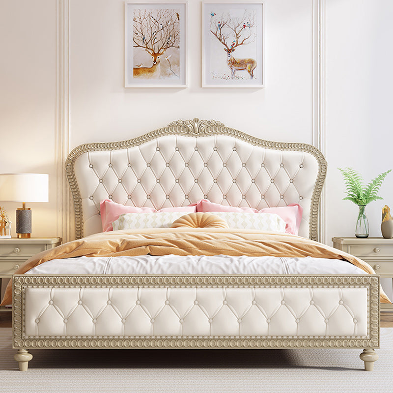 Queen Size Victoriaans houten bedframe getuft gestoffeerd standaardbed in beige
