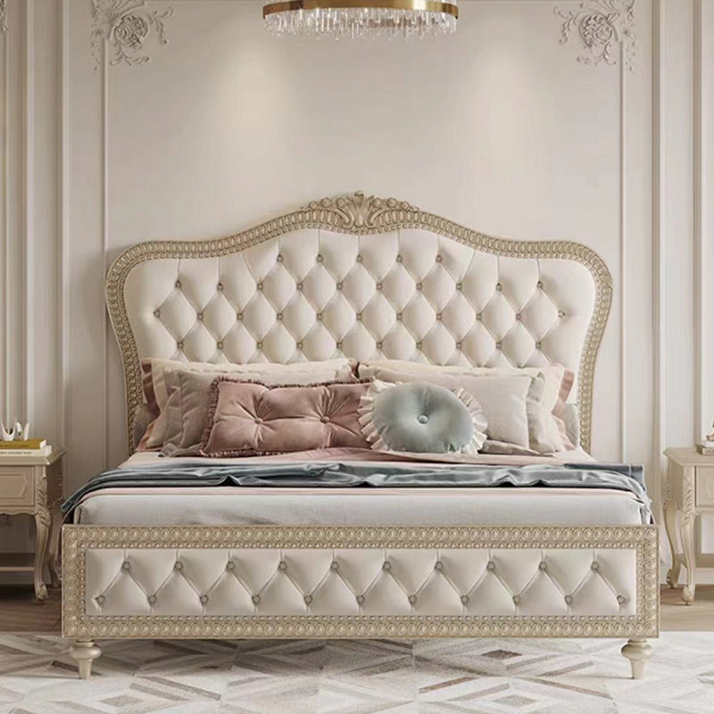 Queen Size Victoriaans houten bedframe getuft gestoffeerd standaardbed in beige