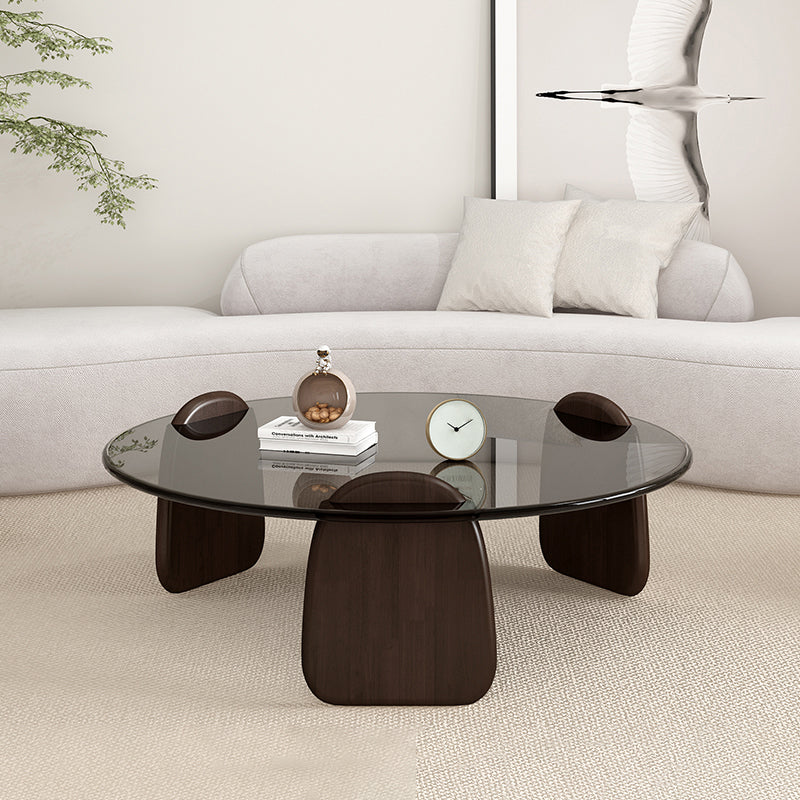Glass Top Coffee Table Contemporary 3 Legs Coffee Cocktail Table Walnut Clearhalo 'Coffee & Accent Tables' 'Coffee Tables' 'coffee_tables' 'furn' 'furn_coffee_tables' 'Furniture' 'Living Room Furniture' 6918830