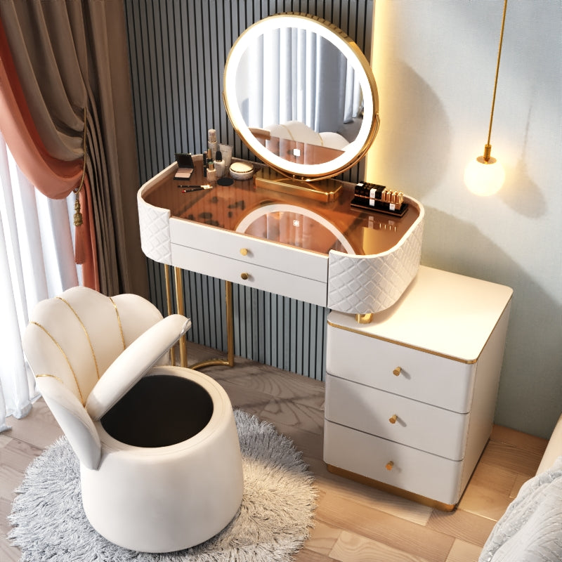 Glam Glass Makeup Vanity Desk Bedroom Vanity Dressing Table with Drawer Makeup Vanity & Mirror & Stools 31"L x 16"W x 31"H White-Brown Clearhalo 'Bedroom Furniture' 'furn' 'furn_makeup_vanities' 'Furniture' 'Makeup Vanities' 'makeup_vanities' 6920040