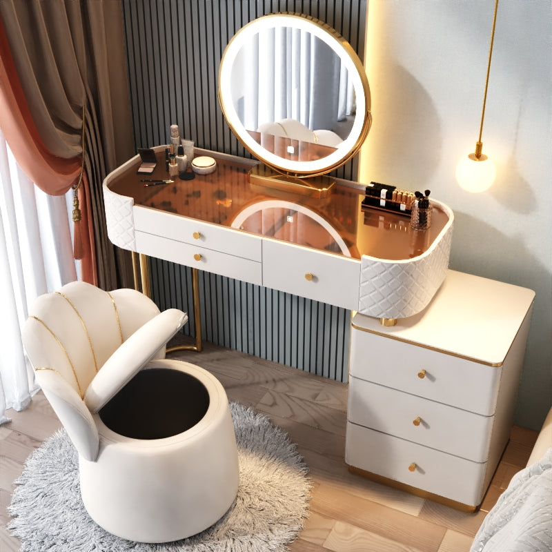 Glam Glass Makeup Vanity Desk Bedroom Vanity Dressing Table with Drawer Makeup Vanity & Mirror & Stools 39"L x 16"W x 31"H White-Brown Clearhalo 'Bedroom Furniture' 'furn' 'furn_makeup_vanities' 'Furniture' 'Makeup Vanities' 'makeup_vanities' 6920041