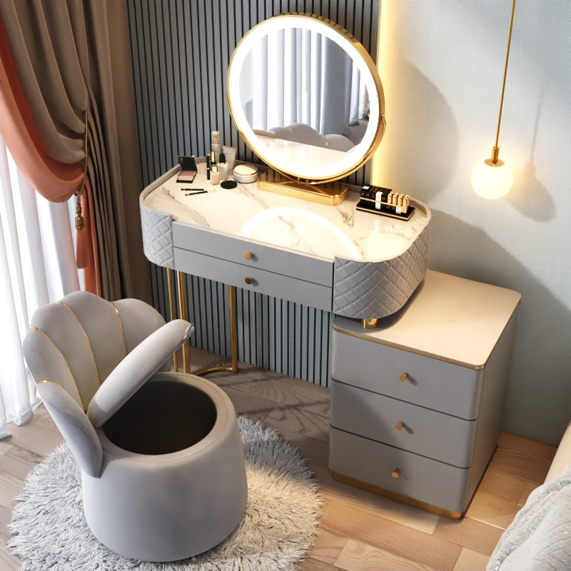 Glam Glass Makeup Vanity Desk Bedroom Vanity Dressing Table with Drawer Makeup Vanity & Mirror & Stools 31"L x 16"W x 31"H Gray-White Clearhalo 'Bedroom Furniture' 'furn' 'furn_makeup_vanities' 'Furniture' 'Makeup Vanities' 'makeup_vanities' 6920046