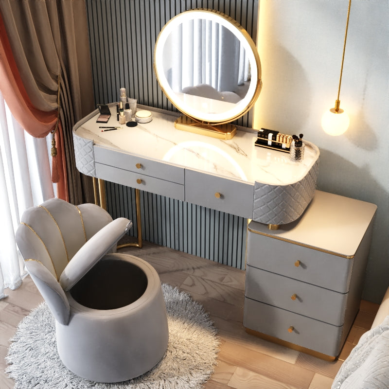 Glam Glass Makeup Vanity Desk Bedroom Vanity Dressing Table with Drawer Makeup Vanity & Mirror & Stools 39"L x 16"W x 31"H Gray-White Clearhalo 'Bedroom Furniture' 'furn' 'furn_makeup_vanities' 'Furniture' 'Makeup Vanities' 'makeup_vanities' 6920048