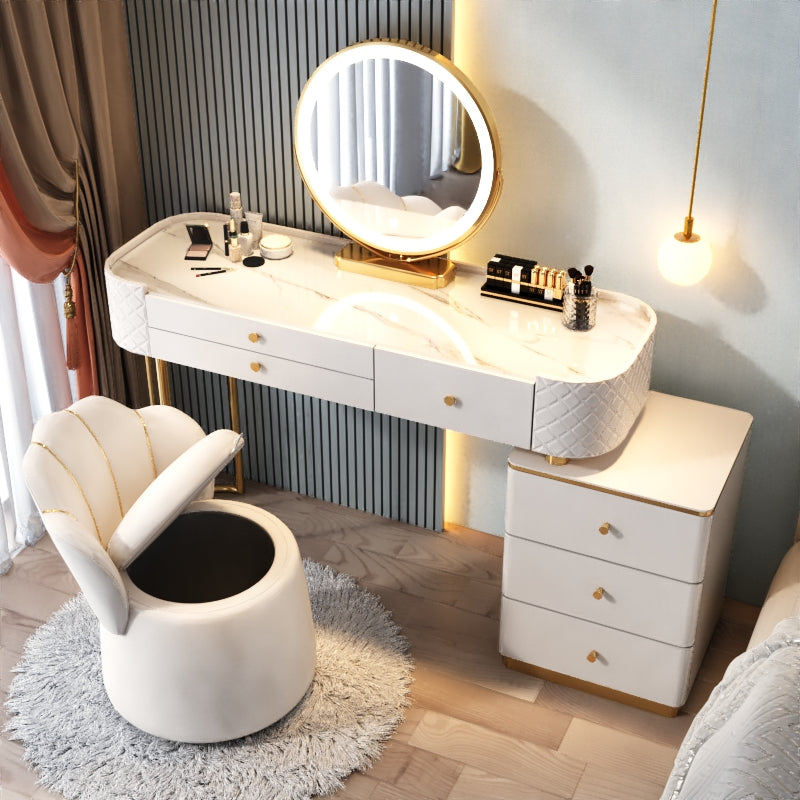 Glam Glass Makeup Vanity Desk Bedroom Vanity Dressing Table with Drawer Makeup Vanity & Mirror & Stools 47"L x 16"W x 31"H White Clearhalo 'Bedroom Furniture' 'furn' 'furn_makeup_vanities' 'Furniture' 'Makeup Vanities' 'makeup_vanities' 6920055