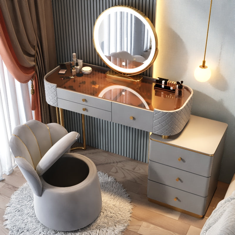 Glam Glass Makeup Vanity Desk Bedroom Vanity Dressing Table with Drawer Makeup Vanity & Mirror & Stools 39"L x 16"W x 31"H Beige Clearhalo 'Bedroom Furniture' 'furn' 'furn_makeup_vanities' 'Furniture' 'Makeup Vanities' 'makeup_vanities' 6920059
