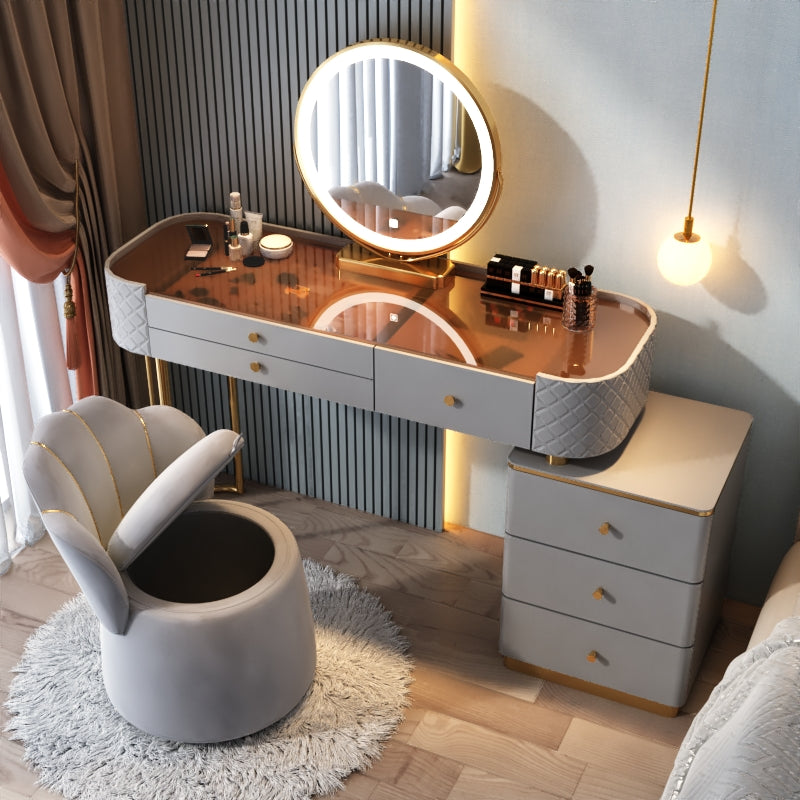 Glam Glass Makeup Vanity Desk Bedroom Vanity Dressing Table with Drawer Makeup Vanity & Mirror & Stools 47"L x 16"W x 31"H Beige Clearhalo 'Bedroom Furniture' 'furn' 'furn_makeup_vanities' 'Furniture' 'Makeup Vanities' 'makeup_vanities' 6920061