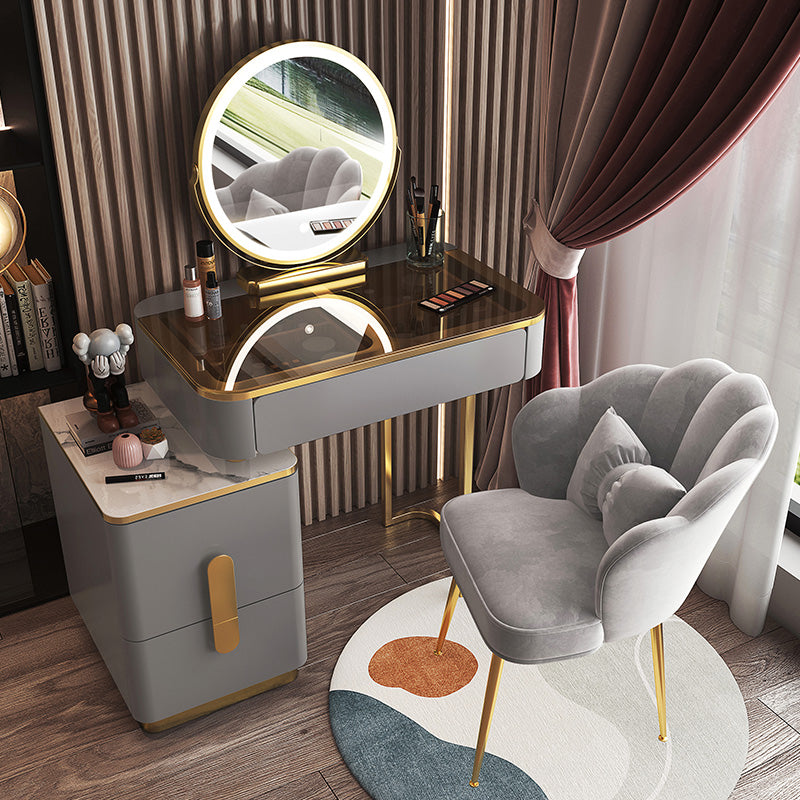 Glam Glass Bedroom Vanity Desk 4 Drawer Vanity Dressing Table Makeup Vanity & Mirror & Stools 31"L x 16"W x 30"H Gray-Gold Clearhalo 'Bedroom Furniture' 'furn' 'furn_makeup_vanities' 'Furniture' 'Makeup Vanities' 'makeup_vanities' 6920369