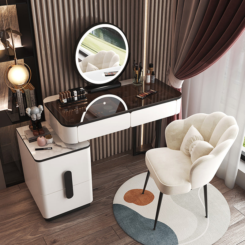 Glam Glass Bedroom Vanity Desk 4 Drawer Vanity Dressing Table Makeup Vanity & Mirror & Stools 39"L x 16"W x 30"H White-Black Clearhalo 'Bedroom Furniture' 'furn' 'furn_makeup_vanities' 'Furniture' 'Makeup Vanities' 'makeup_vanities' 6920372