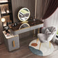 Glam Glass Bedroom Vanity Desk 4 Drawer Vanity Dressing Table Makeup Vanity & Mirror & Stools 47"L x 16"W x 30"H Gray-Gold Clearhalo 'Bedroom Furniture' 'furn' 'furn_makeup_vanities' 'Furniture' 'Makeup Vanities' 'makeup_vanities' 6920373