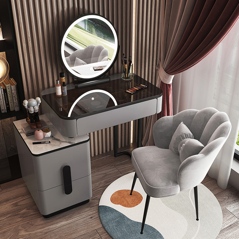 Glam Glass Bedroom Vanity Desk 4 Drawer Vanity Dressing Table Makeup Vanity & Mirror & Stools 31"L x 16"W x 30"H Light Gray-Black Clearhalo 'Bedroom Furniture' 'furn' 'furn_makeup_vanities' 'Furniture' 'Makeup Vanities' 'makeup_vanities' 6920375