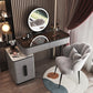 Glam Glass Bedroom Vanity Desk 4 Drawer Vanity Dressing Table Makeup Vanity & Mirror & Stools 39"L x 16"W x 30"H Light Gray-Black Clearhalo 'Bedroom Furniture' 'furn' 'furn_makeup_vanities' 'Furniture' 'Makeup Vanities' 'makeup_vanities' 6920378