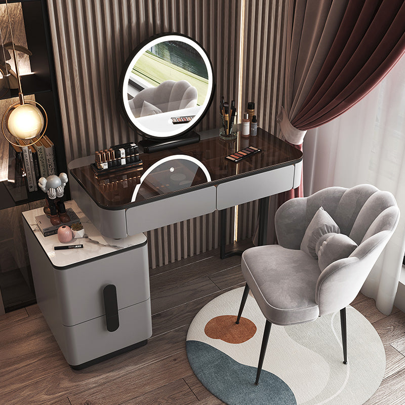 Glam Glass Bedroom Vanity Desk 4 Drawer Vanity Dressing Table Makeup Vanity & Mirror & Stools 39"L x 16"W x 30"H Light Gray-Black Clearhalo 'Bedroom Furniture' 'furn' 'furn_makeup_vanities' 'Furniture' 'Makeup Vanities' 'makeup_vanities' 6920378