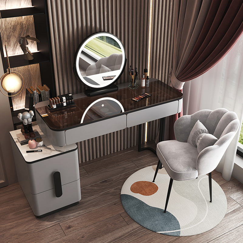 Glam Glass Bedroom Vanity Desk 4 Drawer Vanity Dressing Table Makeup Vanity & Mirror & Stools 47"L x 16"W x 30"H Light Gray-Black Clearhalo 'Bedroom Furniture' 'furn' 'furn_makeup_vanities' 'Furniture' 'Makeup Vanities' 'makeup_vanities' 6920379