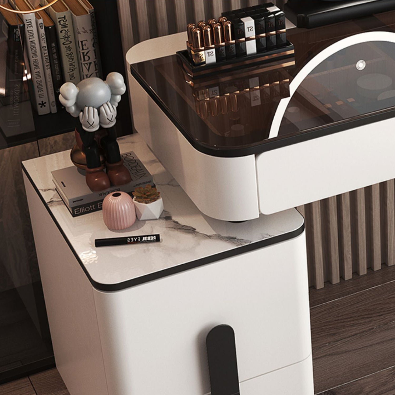 Glam Glass Bedroom Vanity Desk 4 Drawer Vanity Dressing Table Clearhalo 'Bedroom Furniture' 'furn' 'furn_makeup_vanities' 'Furniture' 'Makeup Vanities' 'makeup_vanities' 6920381