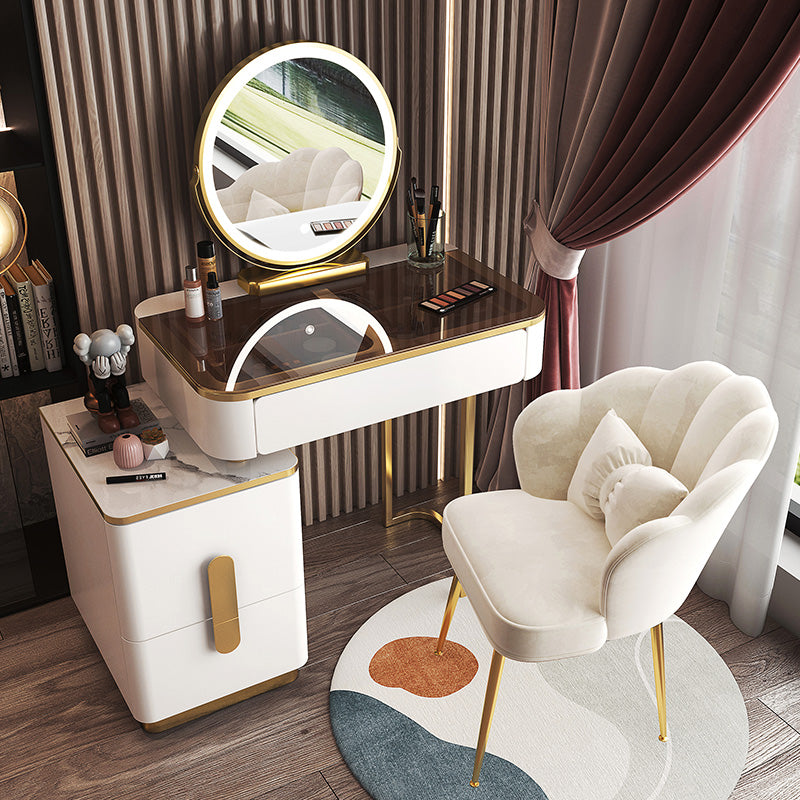 Glam Glass Bedroom Vanity Desk 4 Drawer Vanity Dressing Table Makeup Vanity & Mirror & Stools 31"L x 16"W x 30"H White-Gold Clearhalo 'Bedroom Furniture' 'furn' 'furn_makeup_vanities' 'Furniture' 'Makeup Vanities' 'makeup_vanities' 6920384