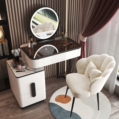 Glam Glass Bedroom Vanity Desk 4 Drawer Vanity Dressing Table Makeup Vanity & Mirror & Stools 31"L x 16"W x 30"H White-Black Clearhalo 'Bedroom Furniture' 'furn' 'furn_makeup_vanities' 'Furniture' 'Makeup Vanities' 'makeup_vanities' 6920386