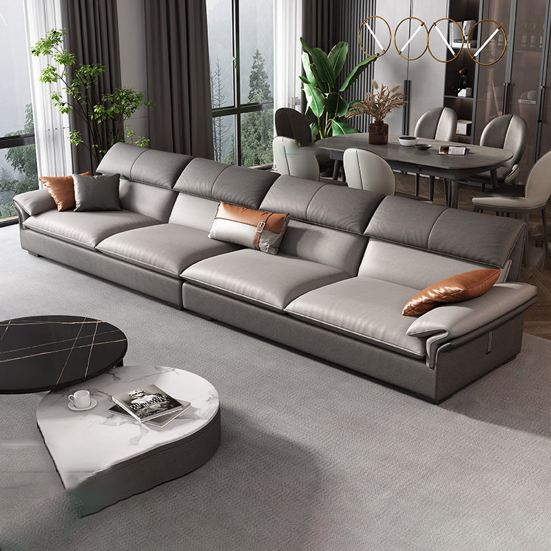 Grey Faux Leather Sectional Sofa Pillow Top Arm Sectional Ottoman Included 4-Seater Sofa Faux Leather Horizontal Clearhalo 'furn' 'furn_sectionals' 'Furniture' 'Living Room Furniture' 'Sectionals' 6920909