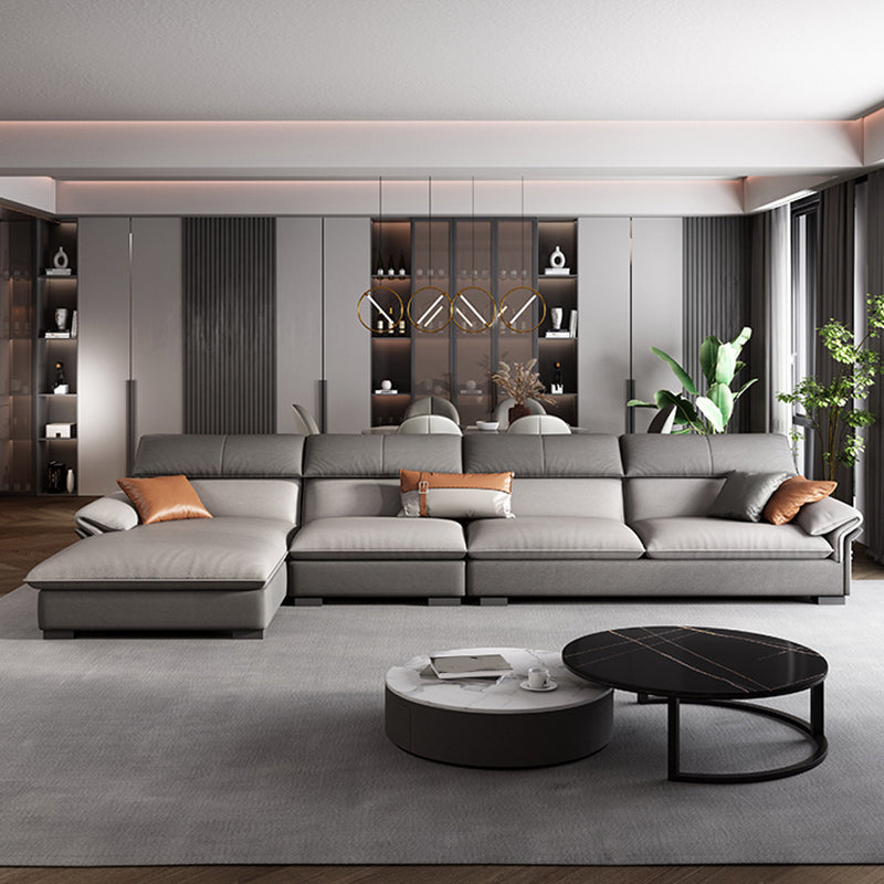 Grey Faux Leather Sectional Sofa Pillow Top Arm Sectional Ottoman Included Clearhalo 'furn' 'furn_sectionals' 'Furniture' 'Living Room Furniture' 'Sectionals' 6920910