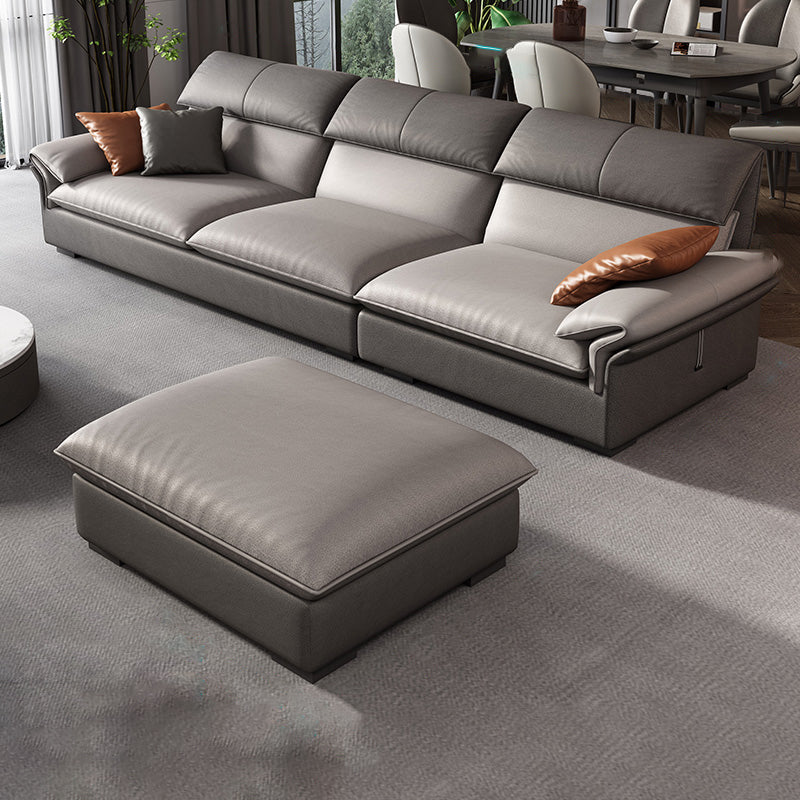 Grey Faux Leather Sectional Sofa Pillow Top Arm Sectional Ottoman Included 3-Seater Sofa with Ottoman Faux Leather Horizontal Clearhalo 'furn' 'furn_sectionals' 'Furniture' 'Living Room Furniture' 'Sectionals' 6920913