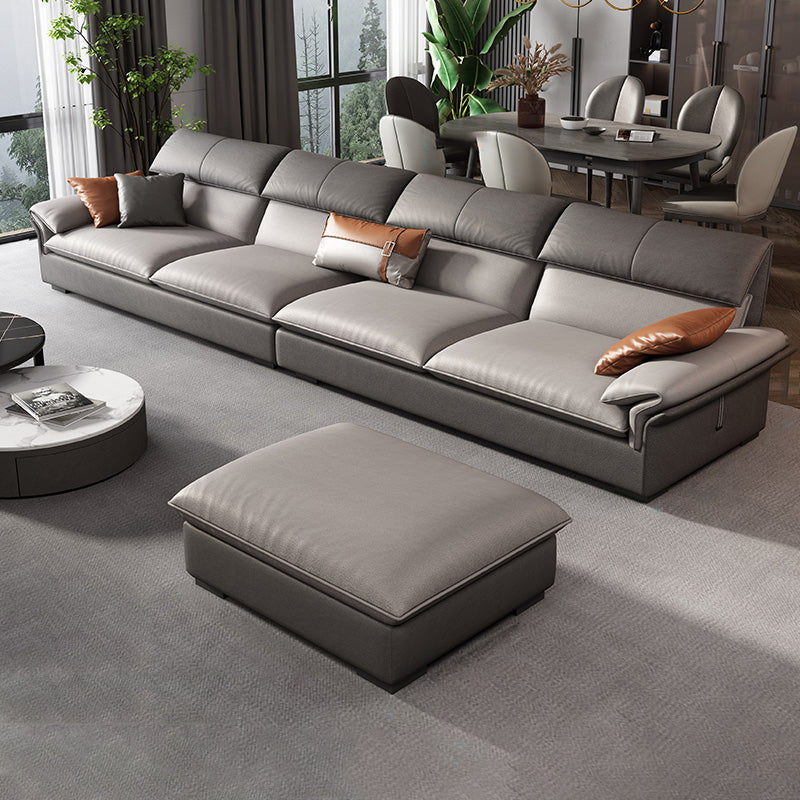 Grey Faux Leather Sectional Sofa Pillow Top Arm Sectional Ottoman Included 4-Seater Sofa with Ottoman Faux Leather Horizontal Clearhalo 'furn' 'furn_sectionals' 'Furniture' 'Living Room Furniture' 'Sectionals' 6920915
