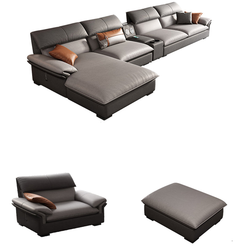 Grey Faux Leather Sectional Sofa Pillow Top Arm Sectional Ottoman Included Clearhalo 'furn' 'furn_sectionals' 'Furniture' 'Living Room Furniture' 'Sectionals' 6920916
