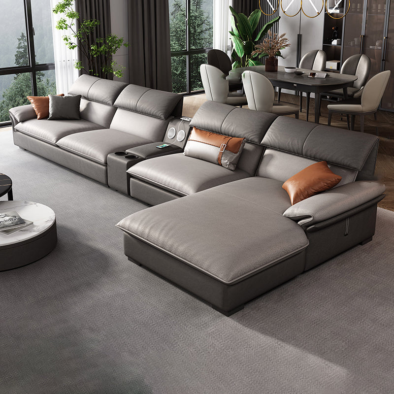 Grey Faux Leather Sectional Sofa Pillow Top Arm Sectional Ottoman Included 2-Seater Sofa & 1-Seater Sofa & Chaise Lounge & Side Table Faux Leather Right Clearhalo 'furn' 'furn_sectionals' 'Furniture' 'Living Room Furniture' 'Sectionals' 6920918