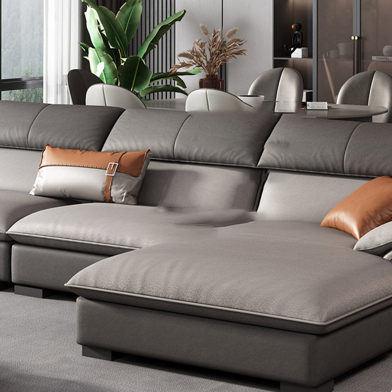 Grey Faux Leather Sectional Sofa Pillow Top Arm Sectional Ottoman Included Clearhalo 'furn' 'furn_sectionals' 'Furniture' 'Living Room Furniture' 'Sectionals' 6920920